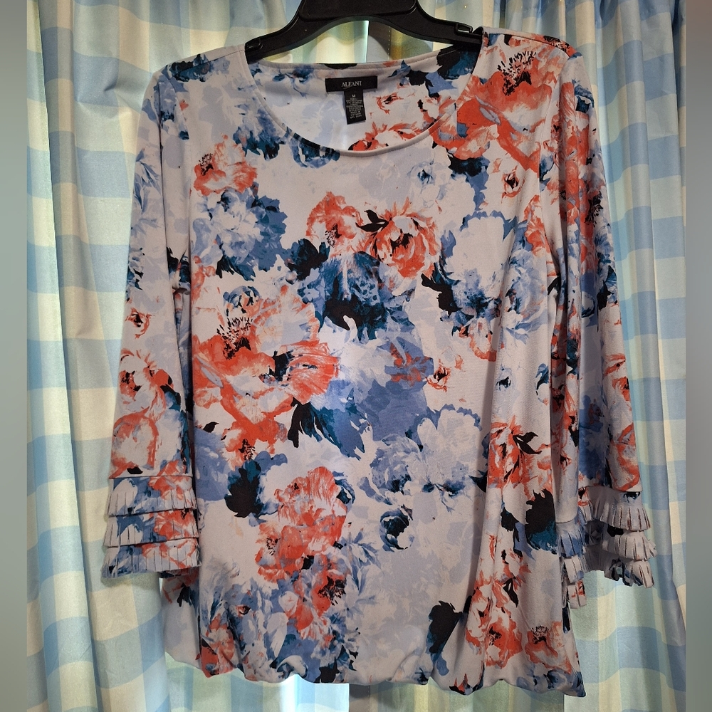 Alfani Women's Blue and Peach Floral Blouse
